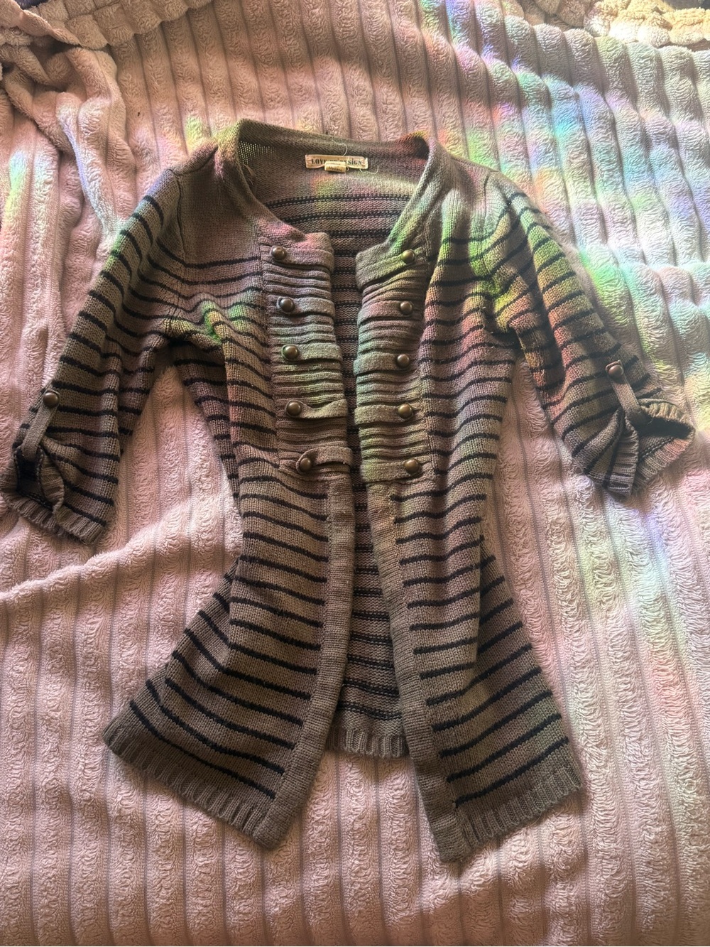 Love By Design Taupe and Black Striped Button-Front Cardigan